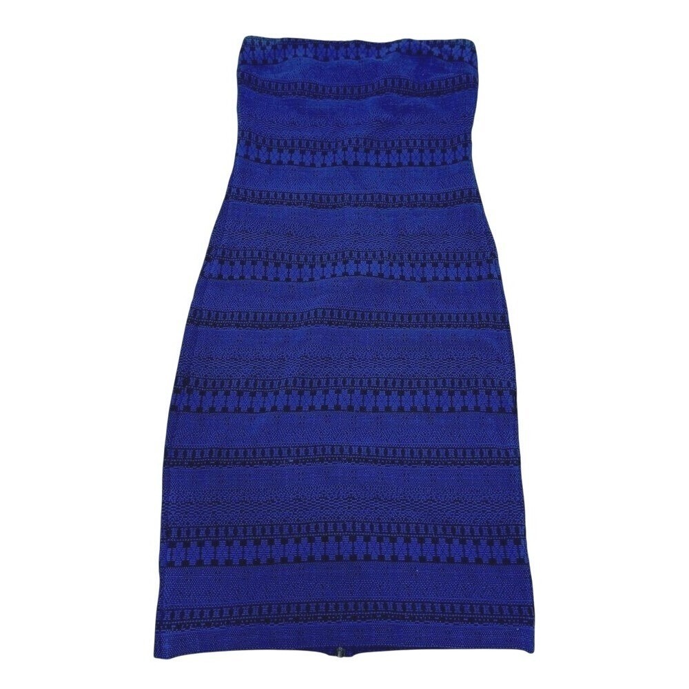 bebe Womens Strapless Bodycon Mini‎ Dress Royal Blue Geometric Knit XS Full Zip - Picture 2 of 16